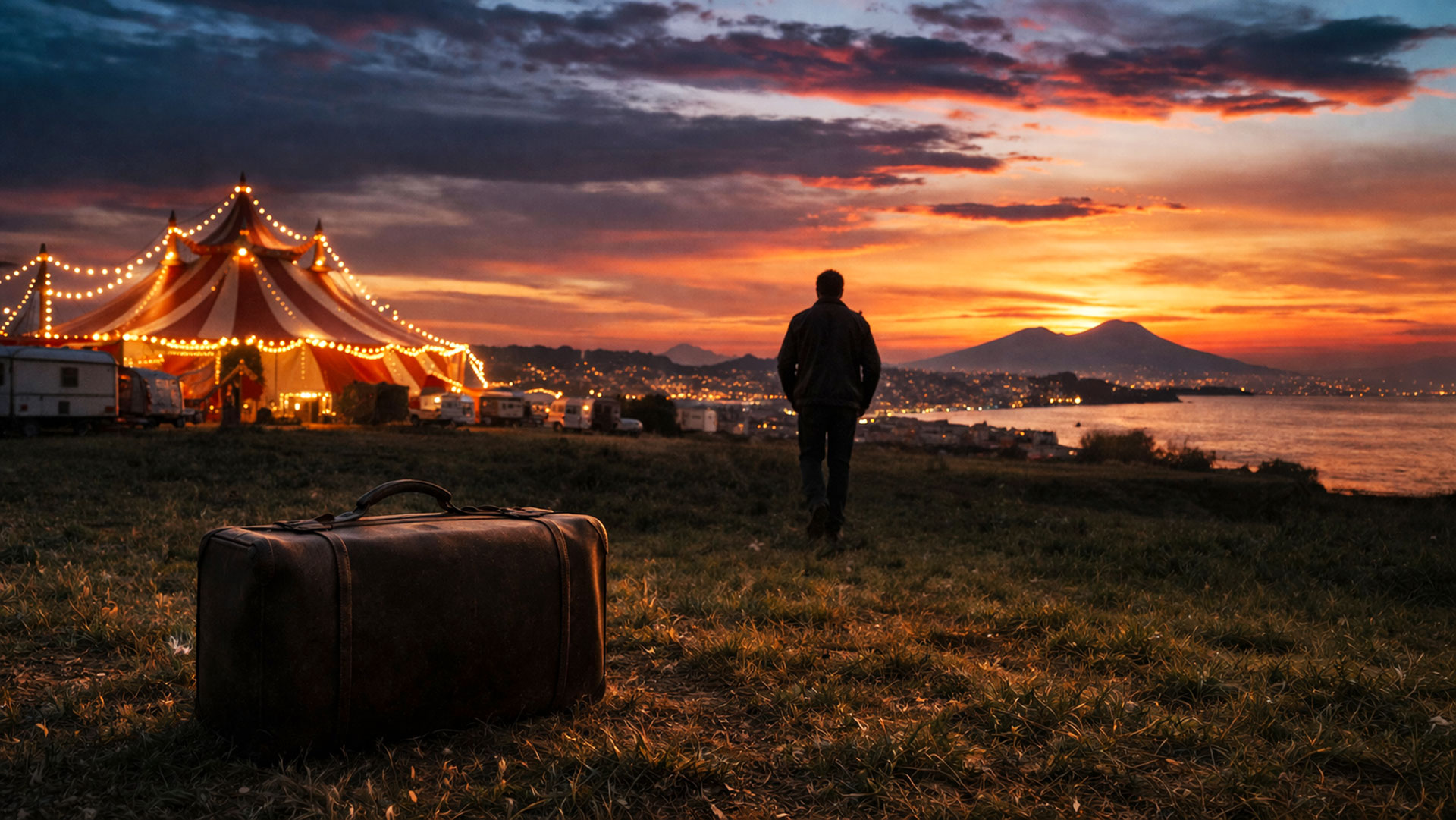 Uomo solo al tramonto con valigia davanti al circo illuminato a Napoli, simbolo della storia di emigrazione tra Italia e Romania