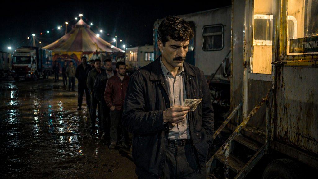 Uomo immigrato guarda pochi soldi ricevuti davanti alla roulotte del circo durante la vita da clandestino in Italia
