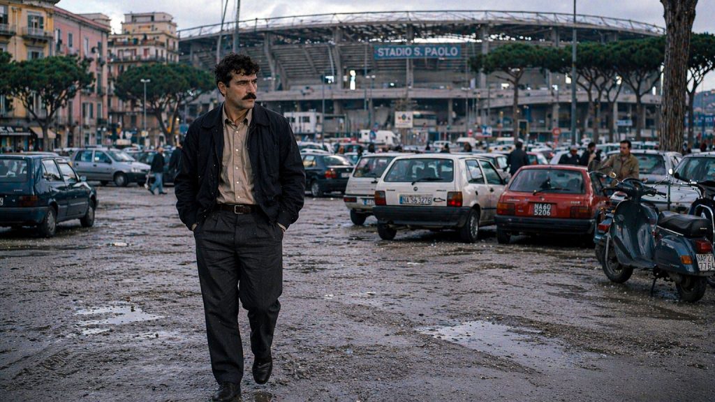Immigrato cammina solo vicino allo stadio San Paolo a Napoli durante la vita da clandestino in Italia negli anni ’90