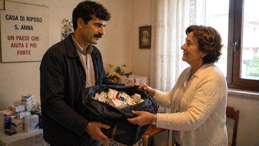Donna italiana consegna una borsa di medicinali a un immigrato durante la vita da clandestino in Italia negli anni ’90