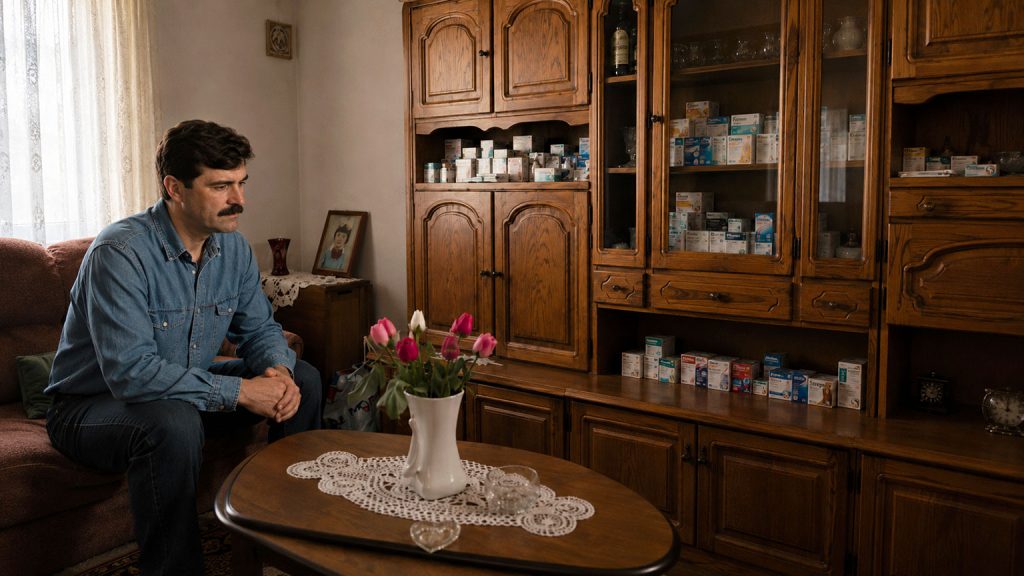 Uomo seduto nel soggiorno di casa in Romania nel 1994, davanti ai medicinali portati dall’Italia per la madre, durante il ritorno in Romania dopo l’Italia.