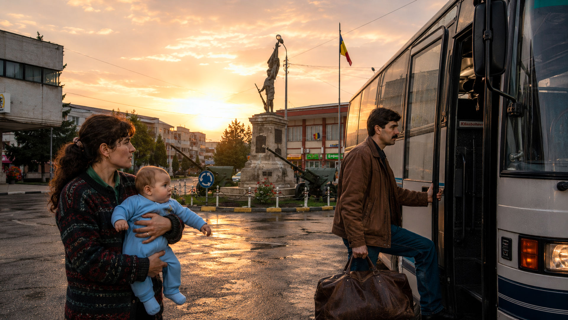 Uomo rumeno che parte per l’Italia nel 1994 salutando moglie e figlio durante il ritorno in Romania dopo l’Italia