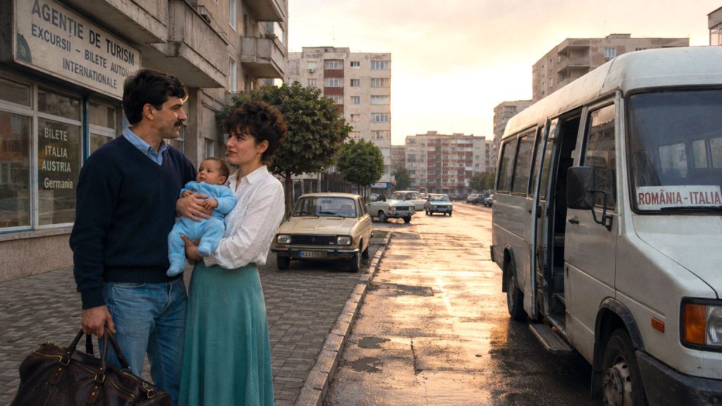 Separarsi dalla famiglia per lavorare in Italia: giovane coppia romena con il figlio prima della partenza per l’Italia nel 1994.