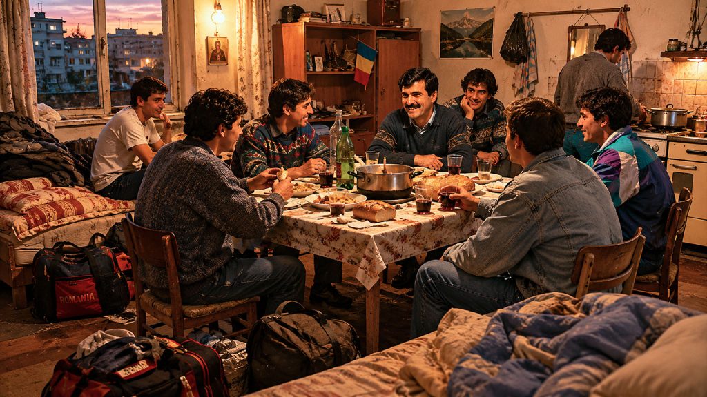 Separarsi dalla famiglia per lavorare in Italia: emigranti romeni condividono cena e dormitorio in un appartamento della periferia milanese negli anni ’90.