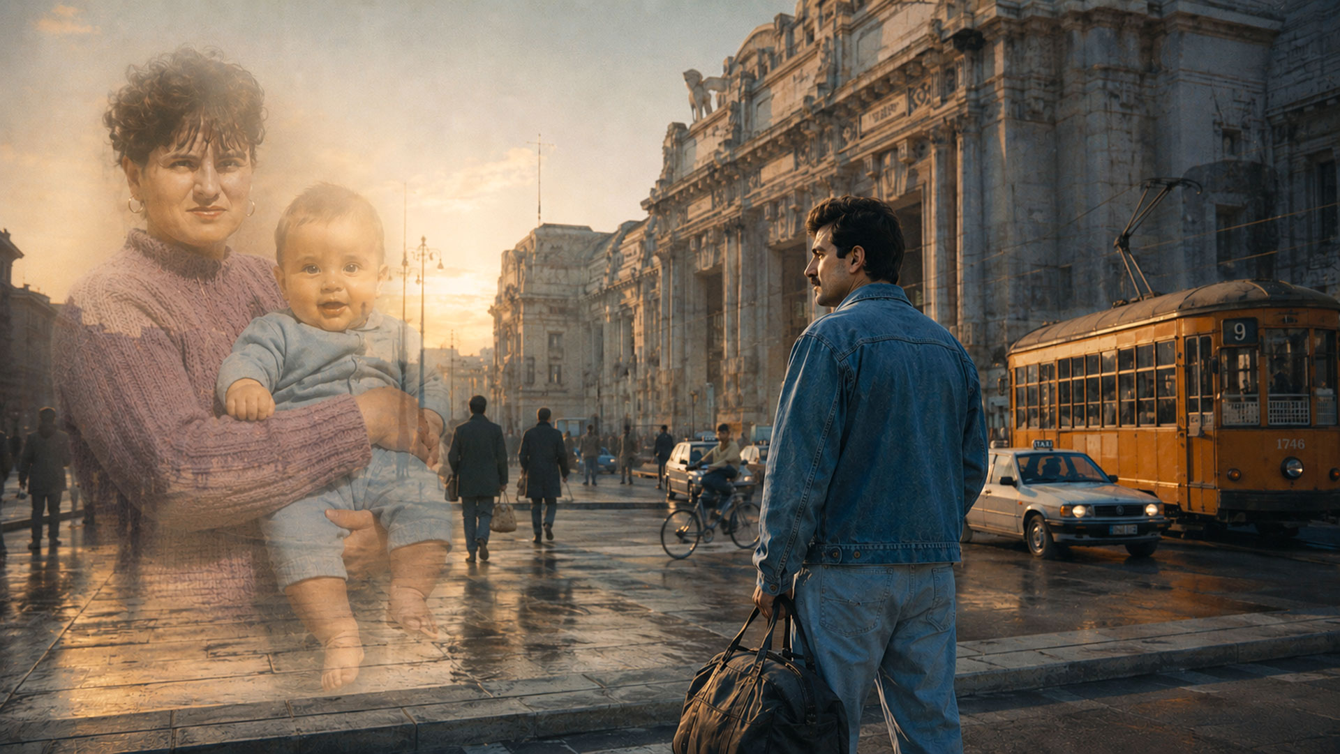 Separarsi dalla famiglia per lavorare in Italia negli anni ’90 Separarsi dalla famiglia per lavorare in Italia: emigrante romeno davanti alla Stazione Centrale di Milano nel 1994 con il ricordo della moglie e del figlio.