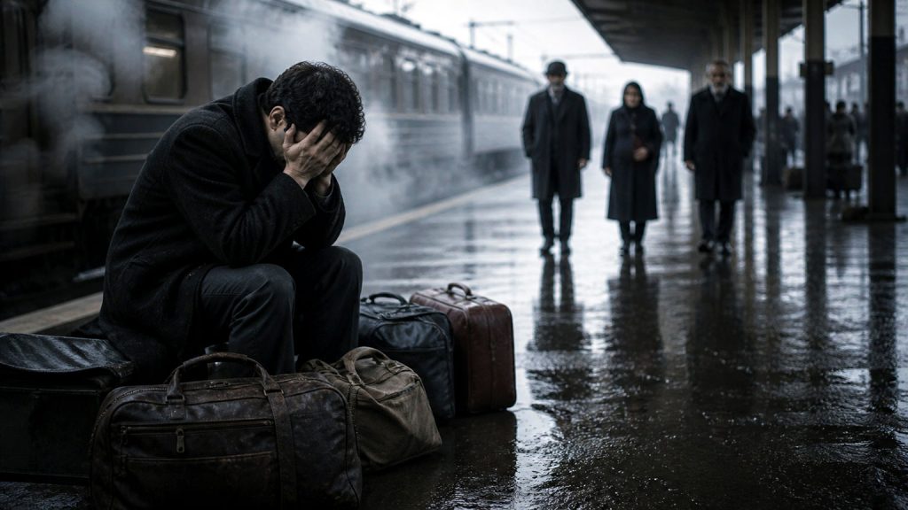 Storia vera di un emigrante rumeno alla stazione di Bucarest: uomo seduto sui bagagli sconvolto dopo aver scoperto un lutto familiare