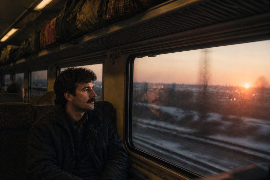 Storia vera di un emigrante rumeno in treno: uomo guarda dal finestrino durante il viaggio di ritorno verso casa