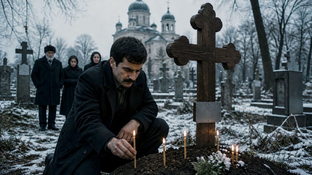 Storia vera di un emigrante rumeno al cimitero: uomo inginocchiato davanti alla tomba della madre con croce ortodossa e candele accese
