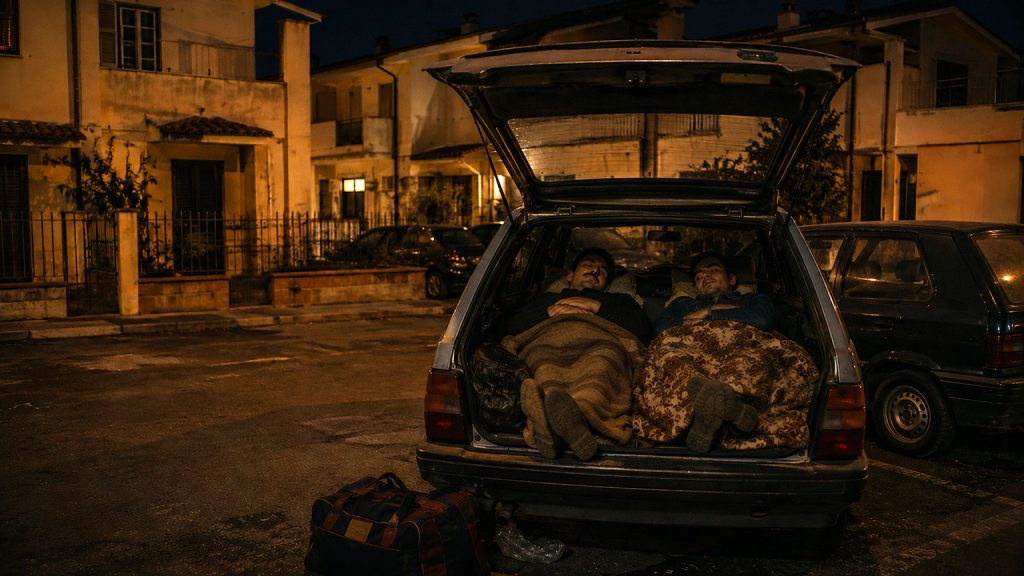 Due emigranti romeni dormono nel portabagagli di un’auto nella periferia romana durante la vita da clandestino a Roma negli anni ’90.
