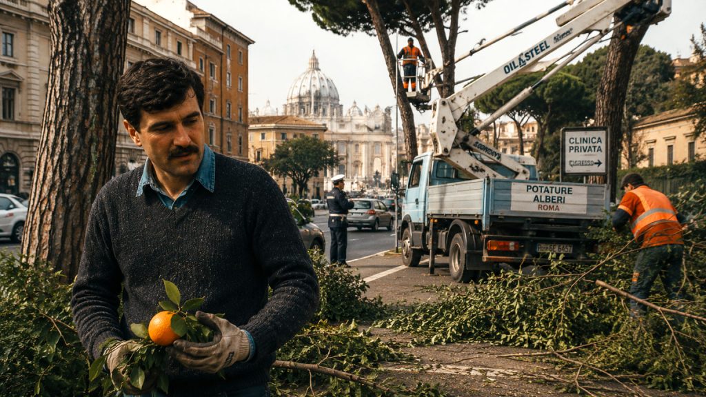 Emigrante romeno raccoglie un mandarino durante il lavoro nei giardini nella vita da clandestino a Roma negli anni ’90.