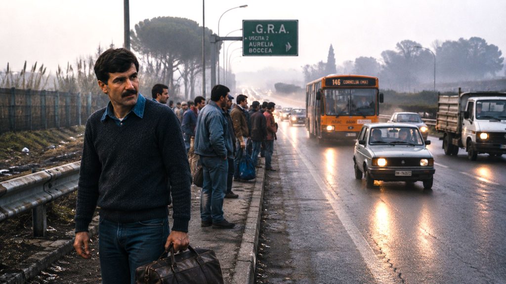 Immigrati in attesa di lavoro lungo il Grande Raccordo Anulare durante la vita da clandestino a Roma negli anni ’90.