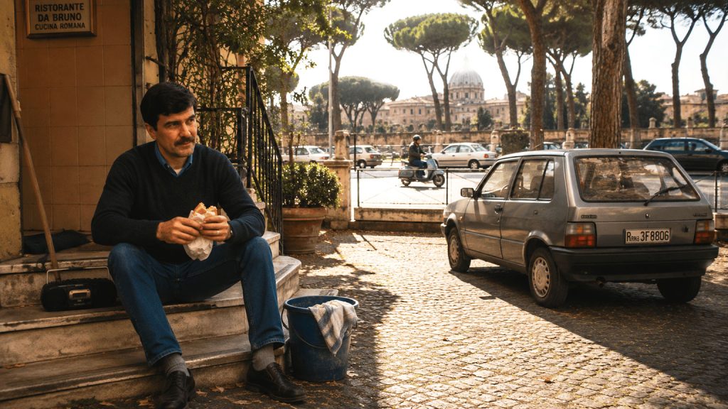 Emigrante romeno seduto sulle scale di un ristorante durante la vita da clandestino a Roma negli anni ’90.