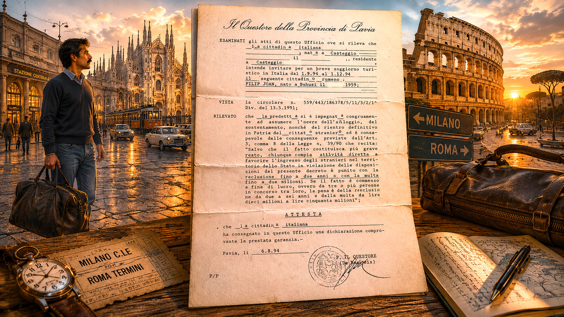 Vita da clandestino a Roma negli anni ’90 tra documenti, viaggi e speranze Documento di invito turistico del 1994 tra Romania e Italia con sullo sfondo Roma, Milano e un emigrante romeno.