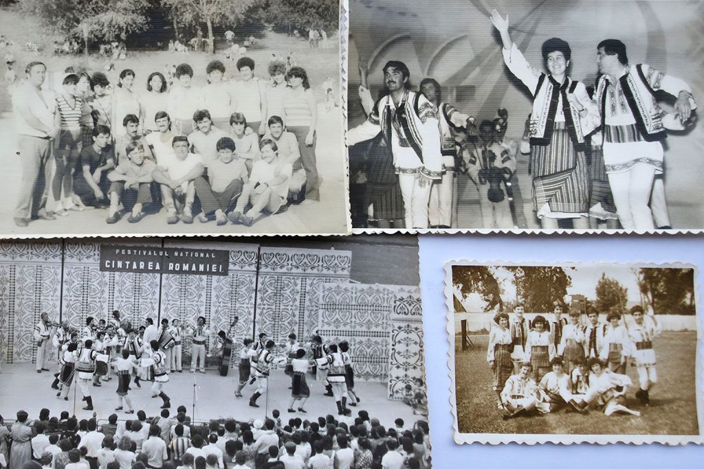 Collage di fotografie storiche del gruppo di danze folcloristiche di Buhuși durante spettacoli, festival e momenti di amicizia nella Romania comunista.
