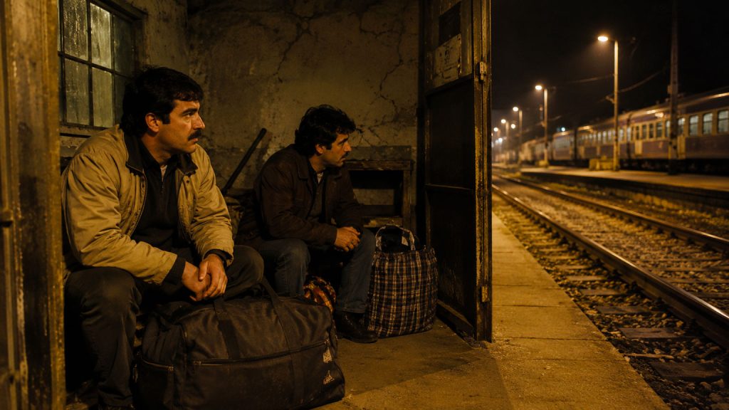 Due emigranti rumeni attendono la notte alla stazione di Voghera nel 1996 durante un viaggio legato al lavorare in nero in Italia.