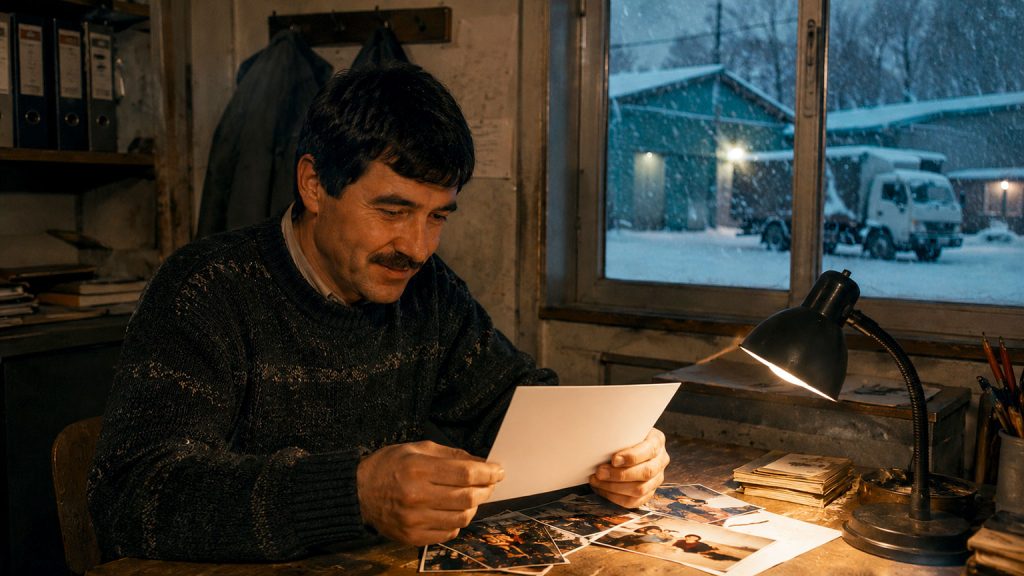 Emigrante rumeno osserva fotografie della famiglia durante una sera d'inverno mentre lavora in nero in Italia lontano dai propri cari.