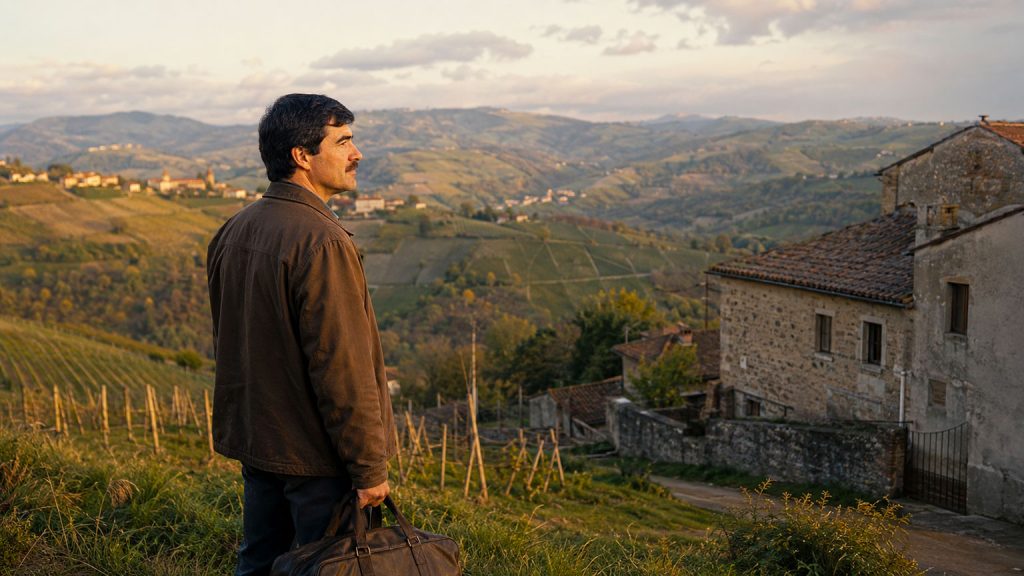 Emigrante rumeno osserva le colline e i vigneti di Rocca de' Giorgi nel 1997 durante la ricerca di una soluzione per uscire dal lavoro in nero in Italia.