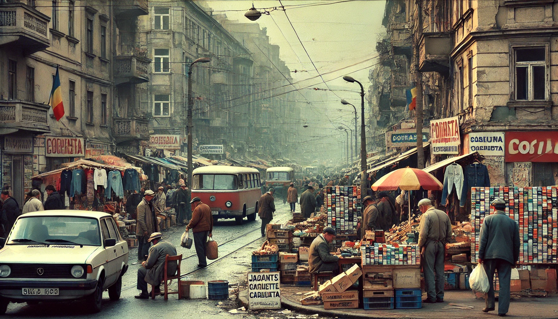 Strada urbana della Romania negli anni ’90 con bancarelle improvvisate, commercianti ambulanti e mercati di fortuna — simbolo della sopravvivenza e del commercio nei primi anni del capitalismo.