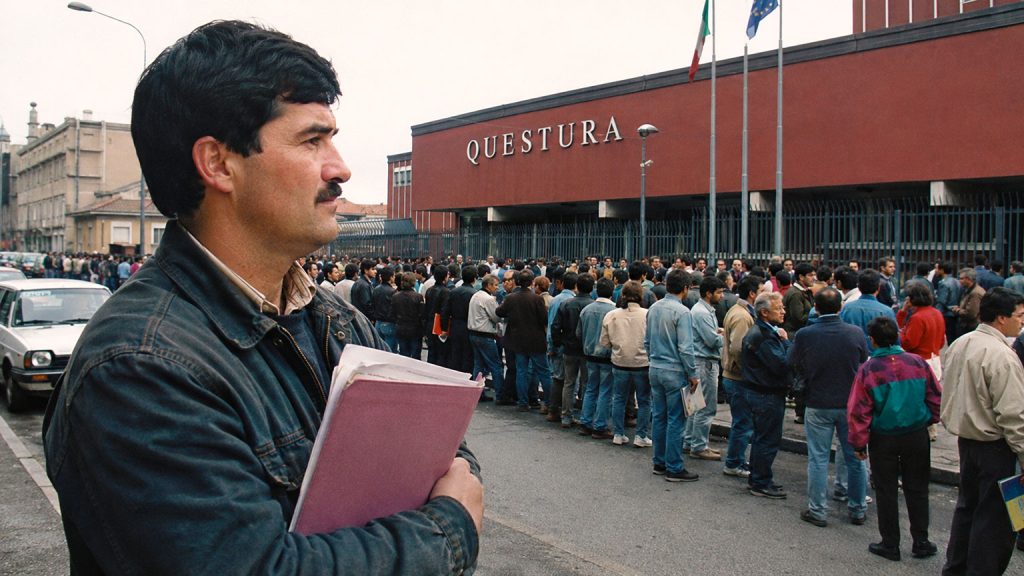Permesso di soggiorno in Italia: immigrato rumeno davanti alla Questura di Bergamo durante la sanatoria del 1998