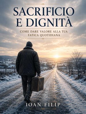 Copertina dell'ebook "Sacrificio e dignità" di Ioan Filip: storia di un emigrante rumeno tra Romania e Italia, con un uomo che cammina sulla neve portando una valigia.
