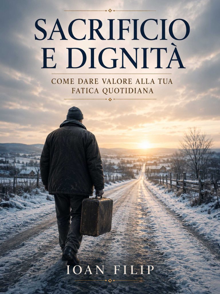 Copertina dell'ebook "Sacrificio e dignità" di Ioan Filip: storia di un emigrante rumeno tra Romania e Italia, con un uomo che cammina sulla neve portando una valigia.