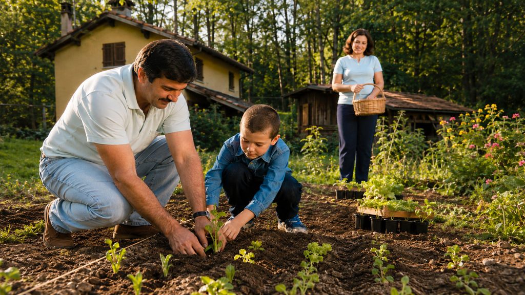 Padre e figlio lavorano insieme nell'orto mentre la madre li osserva, ricostruendo una vita in Italia dopo il ricongiungimento familiare.