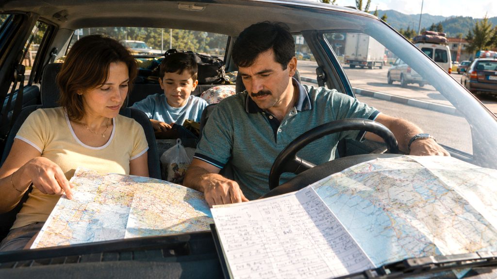 Vivere tra Italia e Romania: famiglia durante il viaggio in auto del 2002 con cartine stradali e appunti
