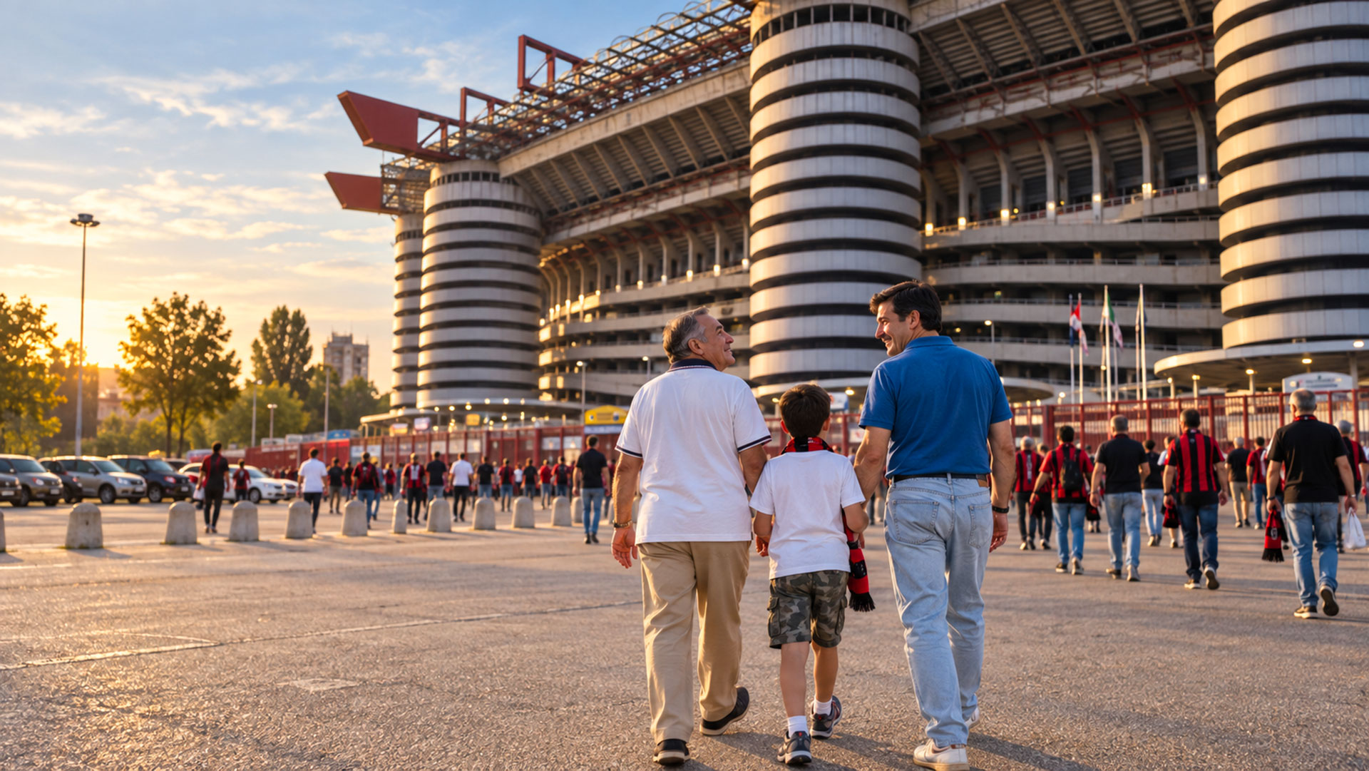 Mio padre in Italia: il sogno di San Siro Mio padre in Italia con me e mio figlio mentre ci avviciniamo allo stadio di San Siro a Milano nel 2003